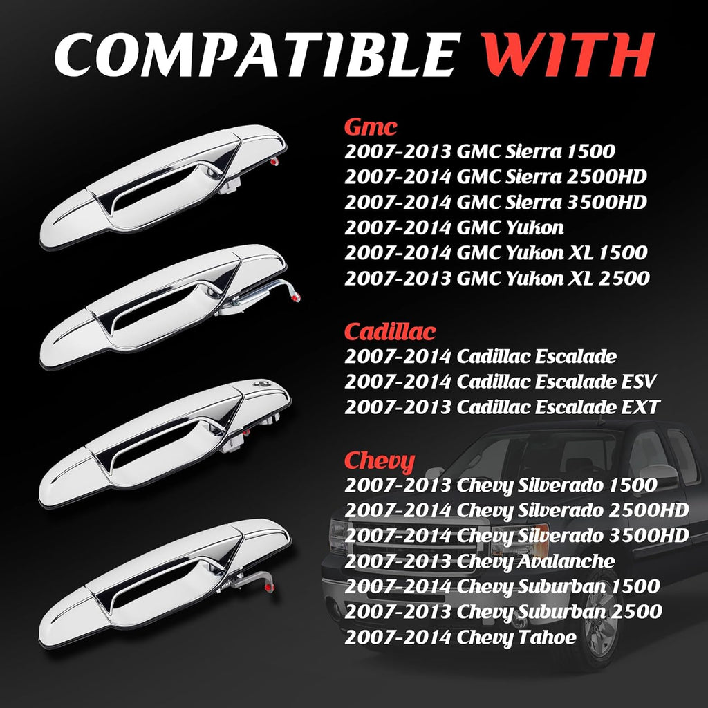 Door Handles Chrome Fit for 07-13 Chevy Silverado GMC Sierra 1500 Cadillac Escalade Yukon XL Denali Chevrolet 2500 3500 HD Tahoe Avalanche Suburban 2007 2008 2009 2010 2011 2012 2013 2014