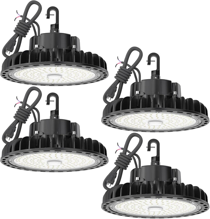 HYPERLITE 4Pack LED UFO High Bay Lights 100W 14,500LM (145lm/w) 5000K 1-10V Dimmable 5' Cable with 110V Plug Hanging Hook Safe Rope UL Listed for Barn Workshop Warehouse Residential