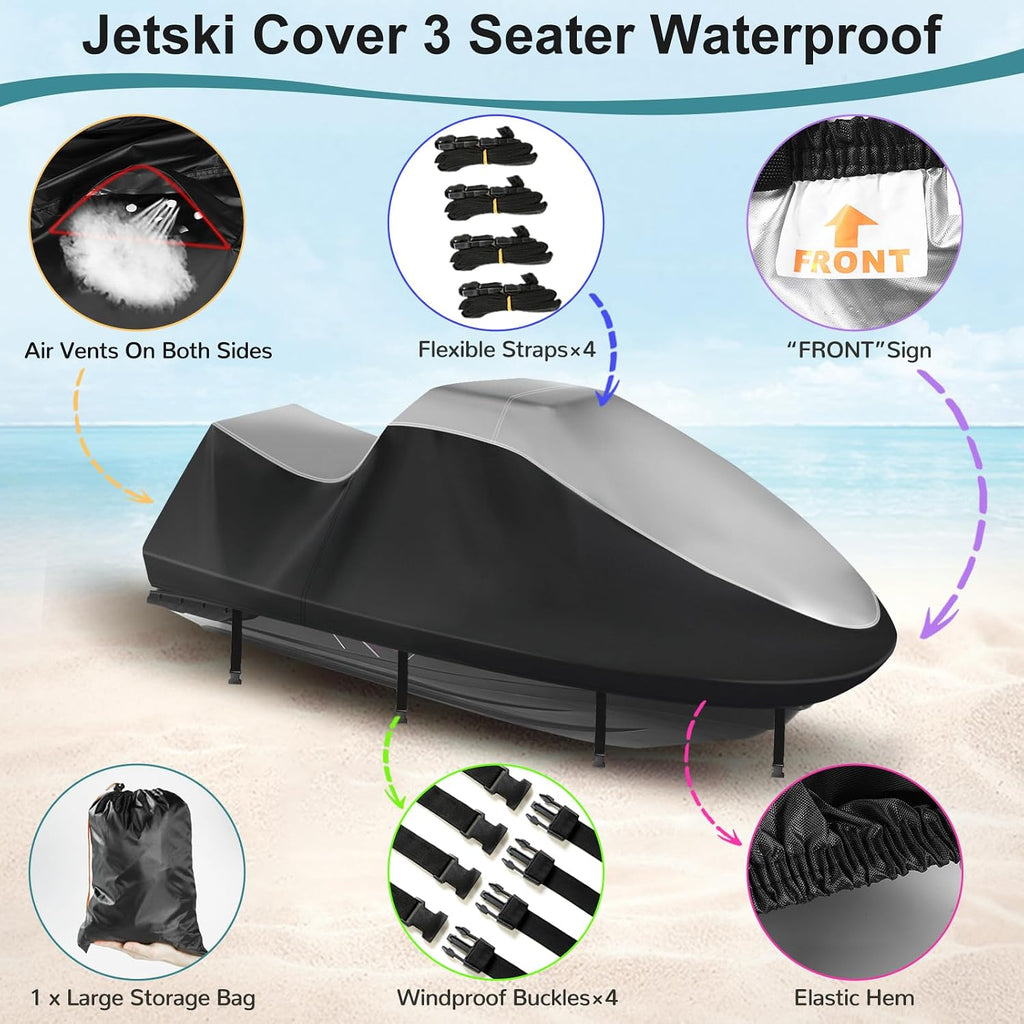 Jet Ski Cover 420D Waterproof for Yamaha Seadoo, 121"-135" PWC Cover | Oxford Fabric 2 3 Seater jetski cover, 10000mm, UV SPF＞85+, 2 Air Vents,4 Windproof Buckles, for Outdoor Storage & Trailering