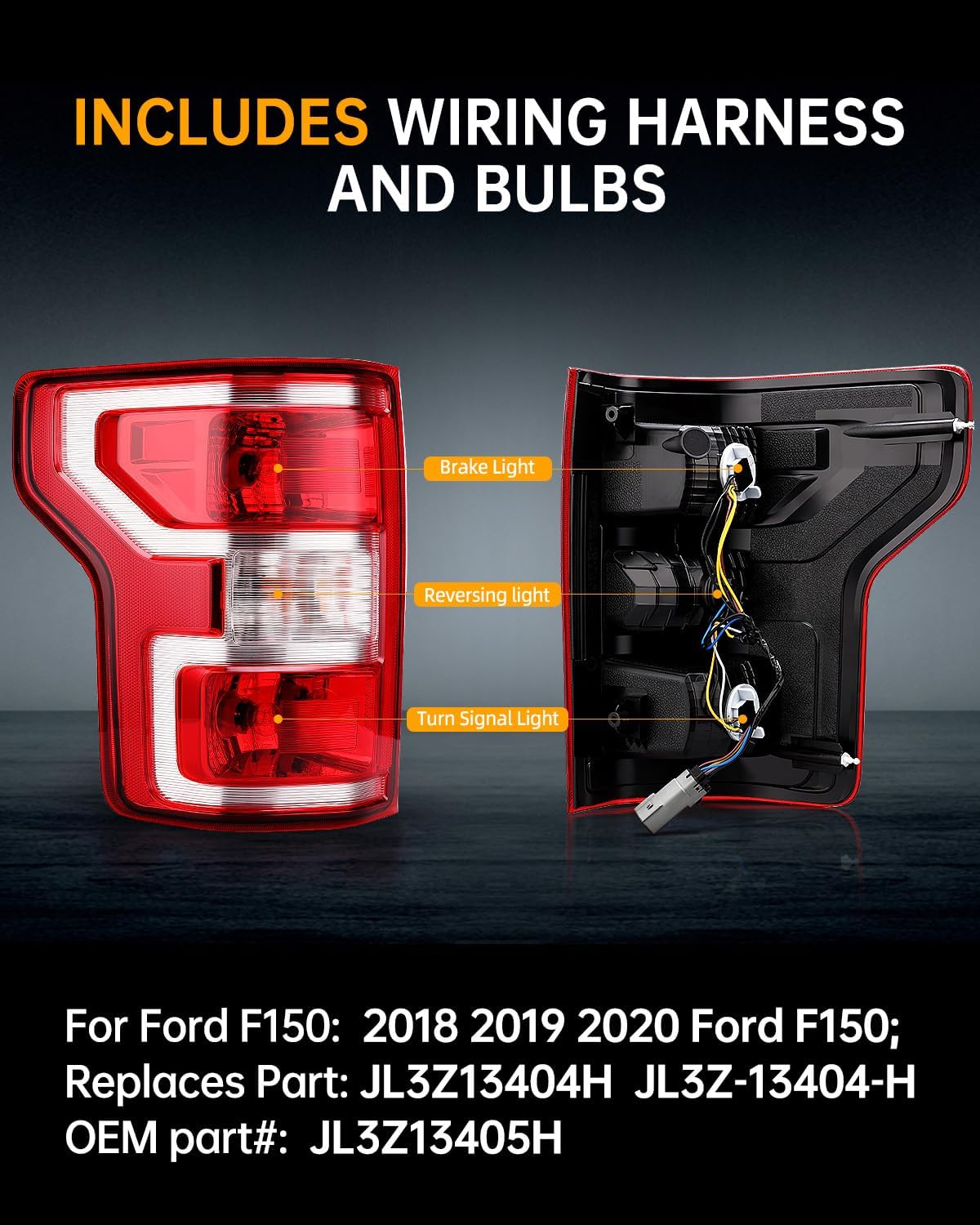 OKLPF Rear Brake Tail Light Compatible With 2018 2019 2020 Ford F150 F-150 Replace JL3Z-13404-H JL3Z-13405-H,Replace Red Taillight Assembly,Included Bulbs and Harness,Driver and Passenger Side