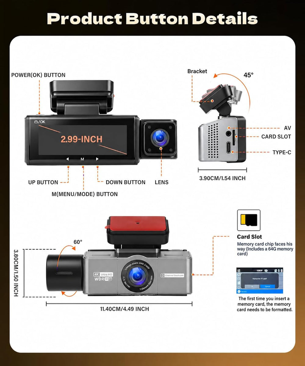 4K+2K+2K 3 Channel Dash Cam Front Rear Inside Car Camera, 64GB Card
