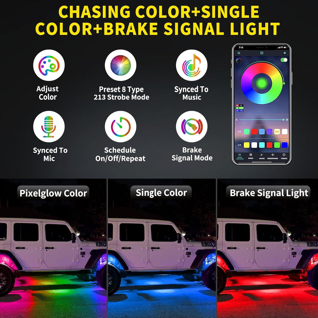8 Pods Full Angle RGB Rock Lights Compatible with 12V Trucks Jeep UTV SUV ATV Boat Golf Cart, Waterproof, Multi-Color,Brake Light, App/Remote Control Led Rock Lights with Music Mode(Patented)
