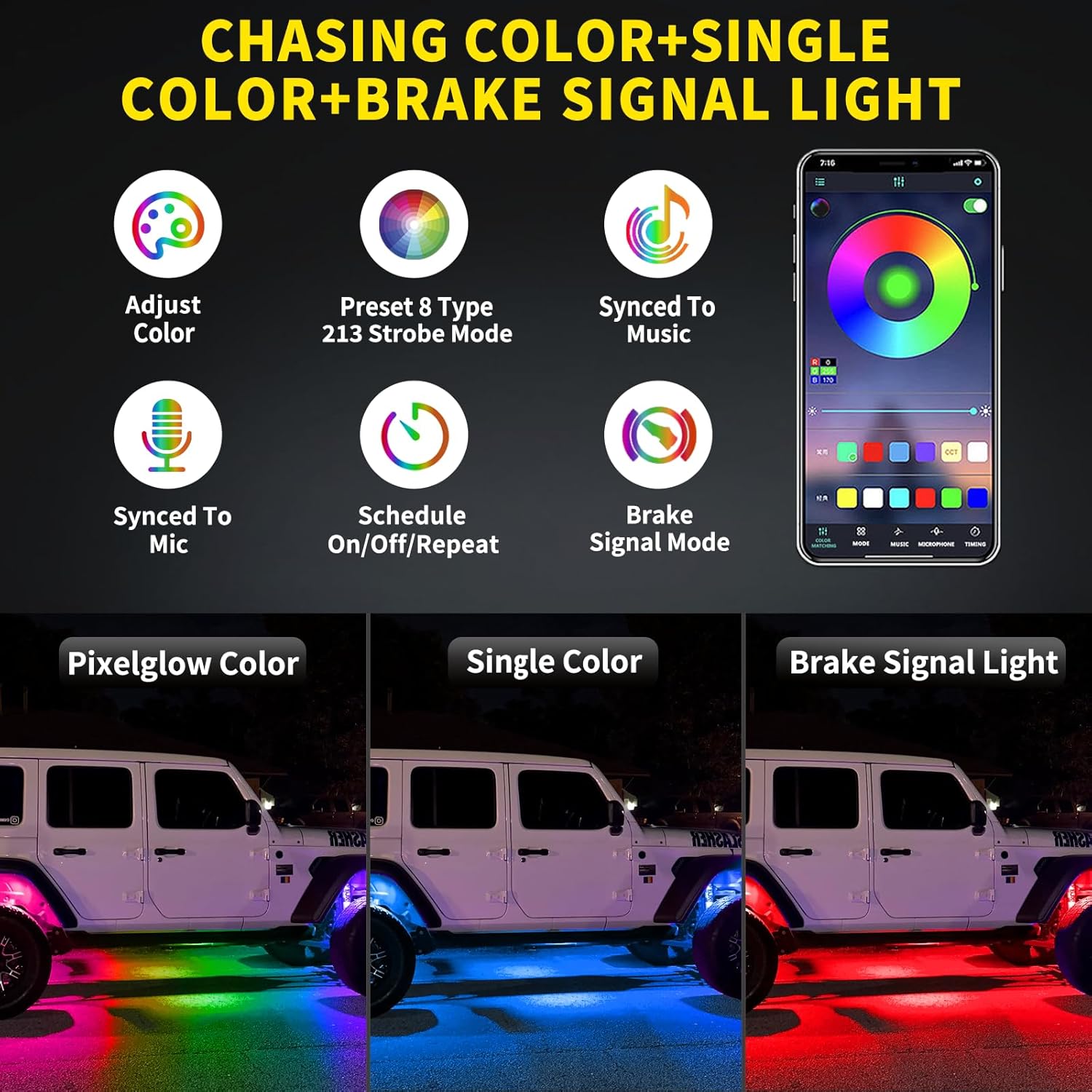 8 Pods Full Angle RGB Rock Lights Compatible with 12V Trucks Jeep UTV SUV ATV Boat Golf Cart, Waterproof, Multi-Color,Brake Light, App/Remote Control Led Rock Lights with Music Mode(Patented)