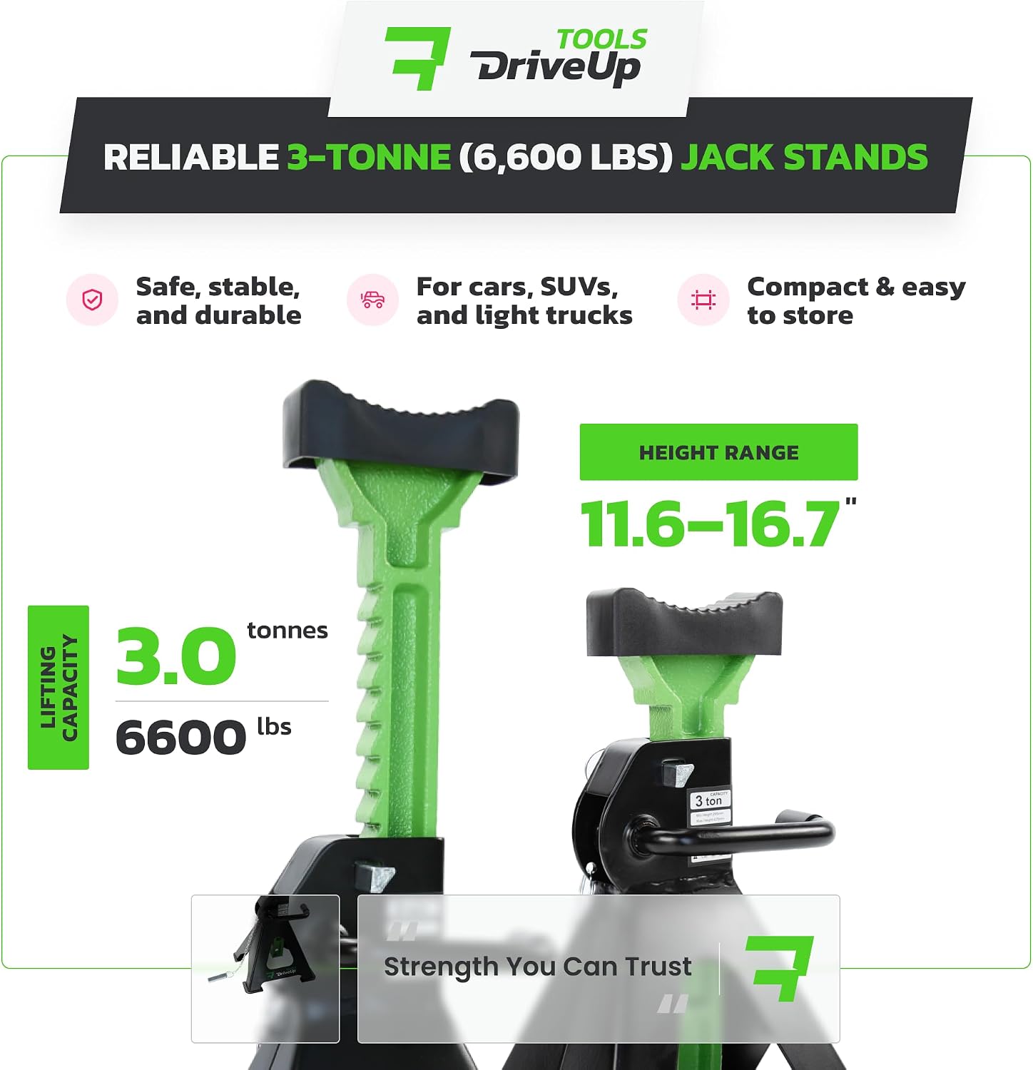 Jack Stands 3 Ton (6,600 lb) Heavy Duty Steel, Double Locking, Set of 2, Adjustable Height 11.03-16.7 Inch, Green Car Jack Stands for Cars SUV Trucks Vans