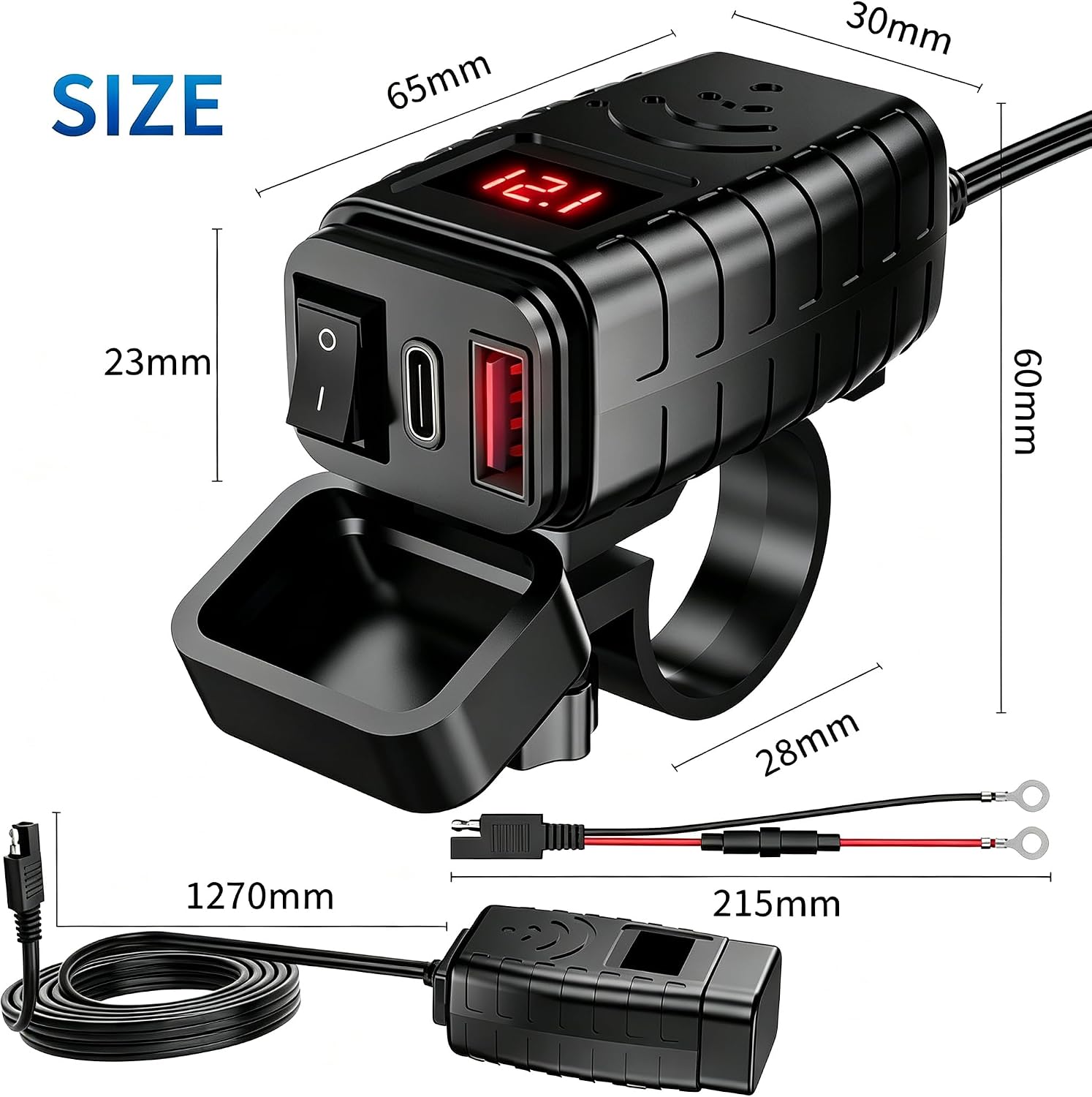Motorcycle USB Type C Port 12V Voltmeter Independent On Off Switch SAE Inline 10A Fuse Waterproof 6.8A QC3.0 Fast Phone Tablet for 7/8inch Handlebar