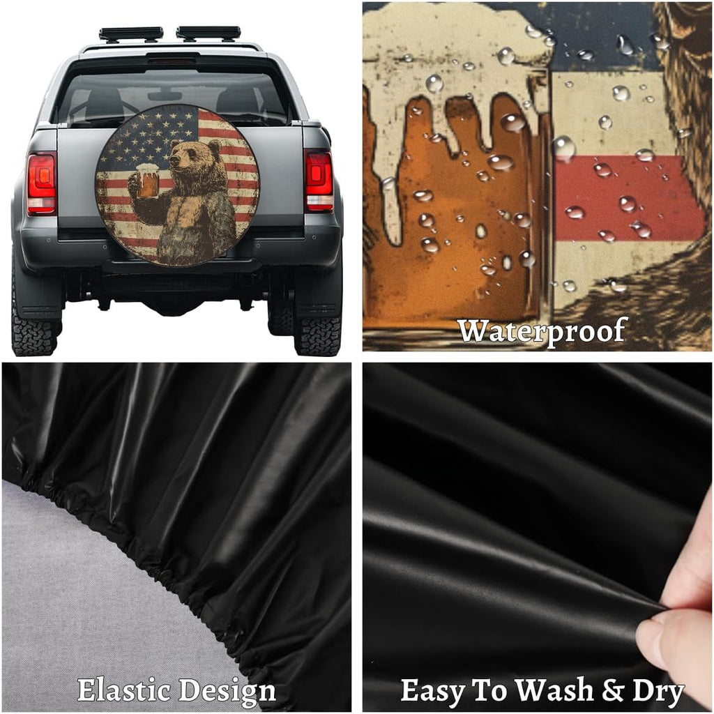 Spare Tire Cover Bear American Flag Wheel Covers Protectors Waterproof Dust-Proof Universal Fit Trailer, RV, SUV and Many Vehicle (15" for tire Diameter 27.55"-29.13")