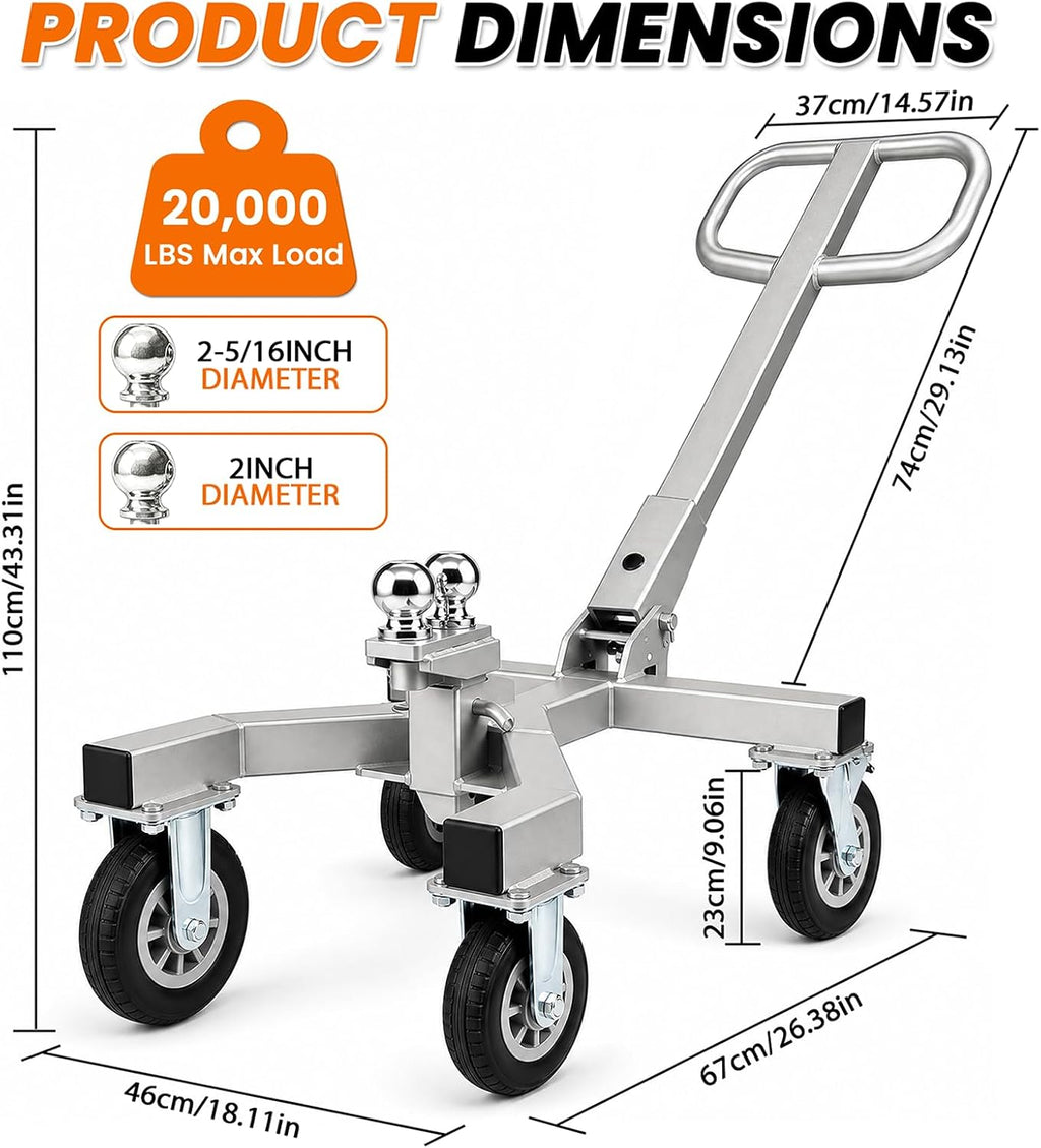 Heavy-Duty Trailer Dolly, 3500 lbs Tongue with Dual 2" & 2-5/16" Hitch Balls, 20000 lbs Max Load, 360° Swivel Wheels w/Brake, 9" All-Terrain Tires for RV Camper Boat