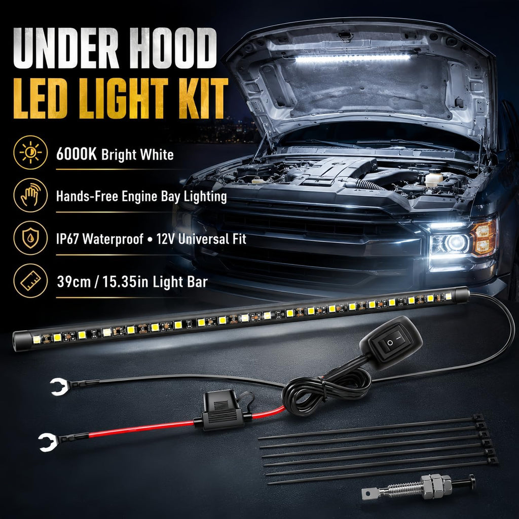 Under Hood LED Light Strip for Truck Car SUV - 15.35" Waterproof Engine Bay Work Light with Auto Pin & Manual On/Off Switch - 6000K Ultra Bright 12V Underhood Repair Lamp