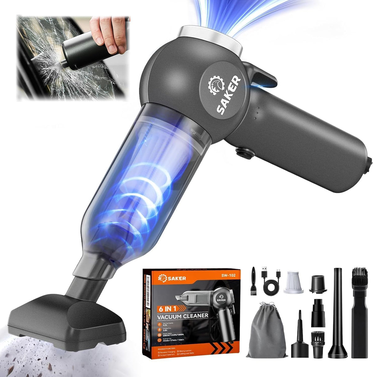 Saker Portable Car Vacuum Cordless 20000Pa 6 in 1 Multifunctional Adjustable