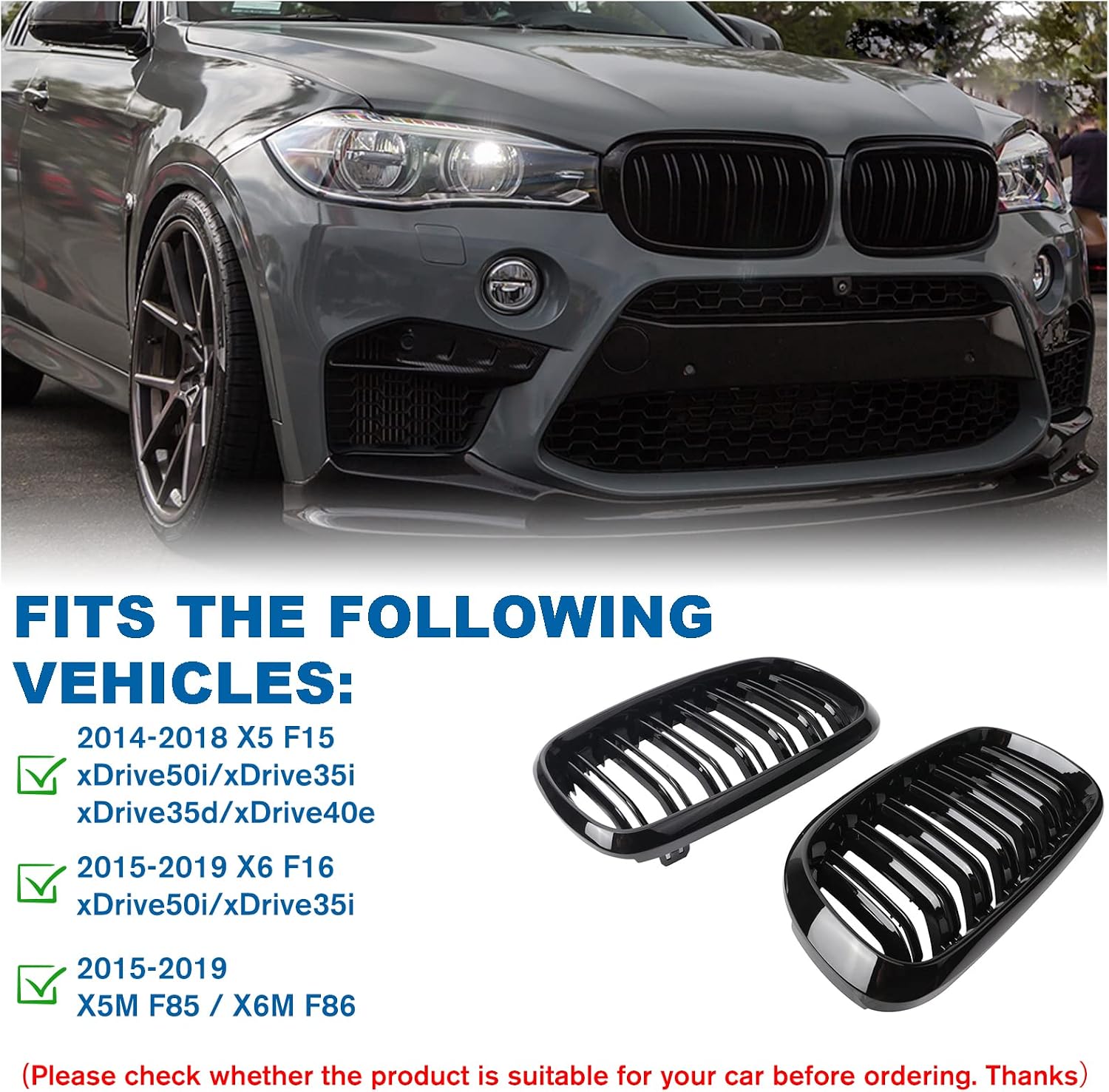 X5 F15 Grille，Gloss Black Kidney Grill Fit 2014-2018 X5 F15 X6 F16 X5M F85 X6M F86 Dual Slat Double Line