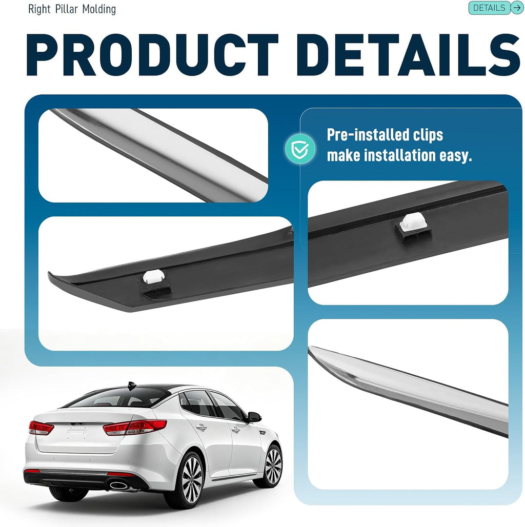 ALMULOO Right Rear Frame Molding Trim Compatible with 2011-2016 Kia Optima Replacement for 878602T000 Plastic+Stainless Steel Unfinished Silvery+Black Passenger Side
