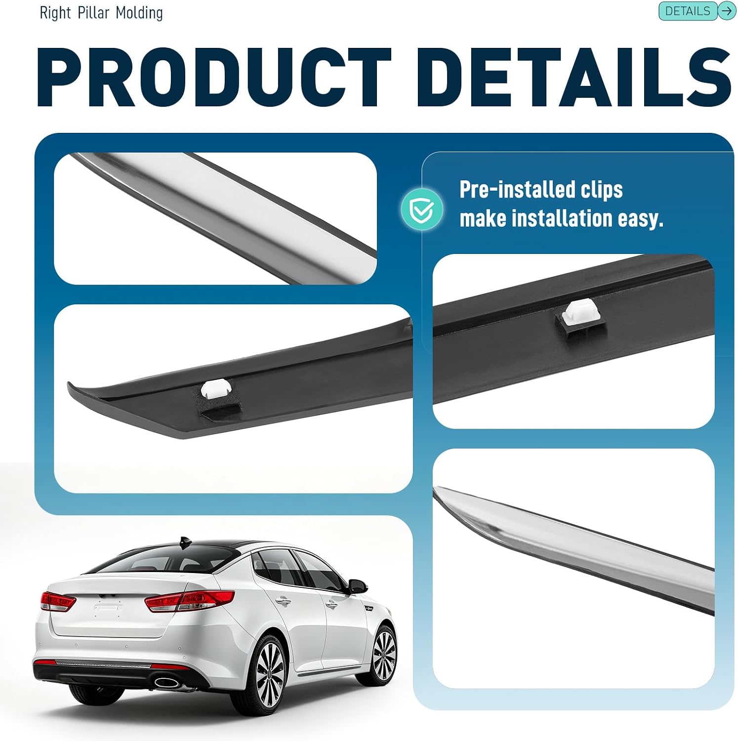 ALMULOO Right Rear Frame Molding Trim Compatible with 2011-2016 Kia Optima Replacement for 878602T000 Plastic+Stainless Steel Unfinished Silvery+Black Passenger Side