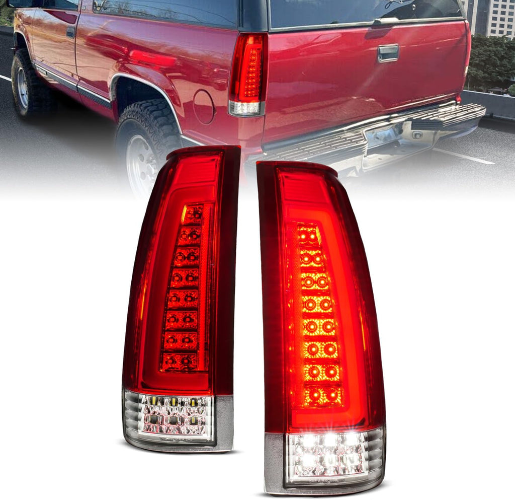 AmeriLite for 1988-2000 Chevy GMC C/K Pickup Vehicle Full Size Tahoe Suburban [Full LED] C-Type Tube Crystal Red Replacement Tail Lights Set - Passenger and Driver Side