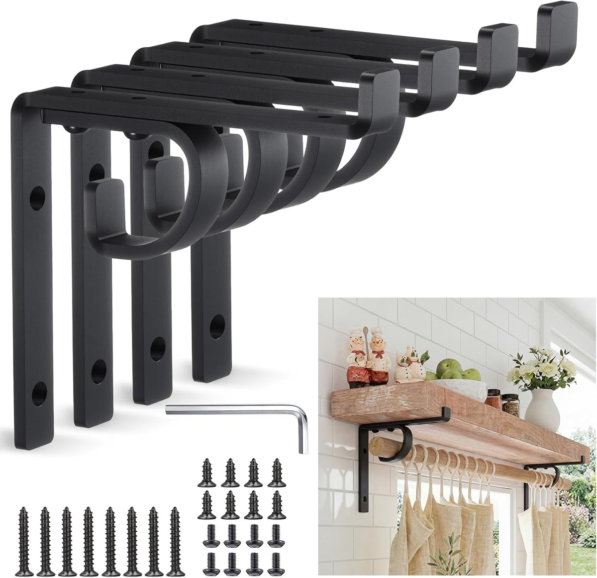hicarer 4 pcs single shelf brackets with curtain, main product view