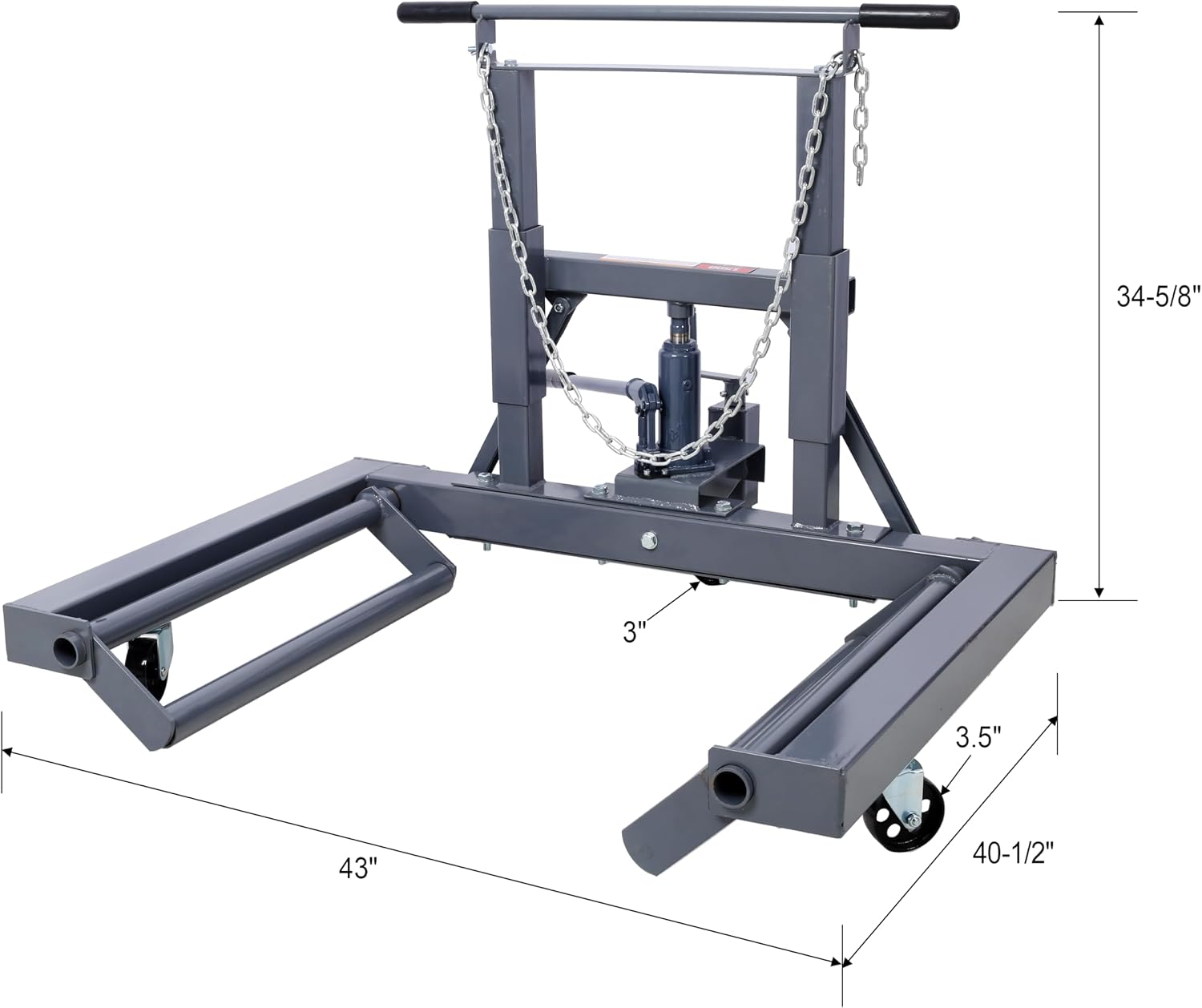 1500 lb Dual Wheel Dolly with Built-in Jack, Adjustable Height for Large Trucks, 3 Swivel Casters, 5ft Chain for Secure Transport