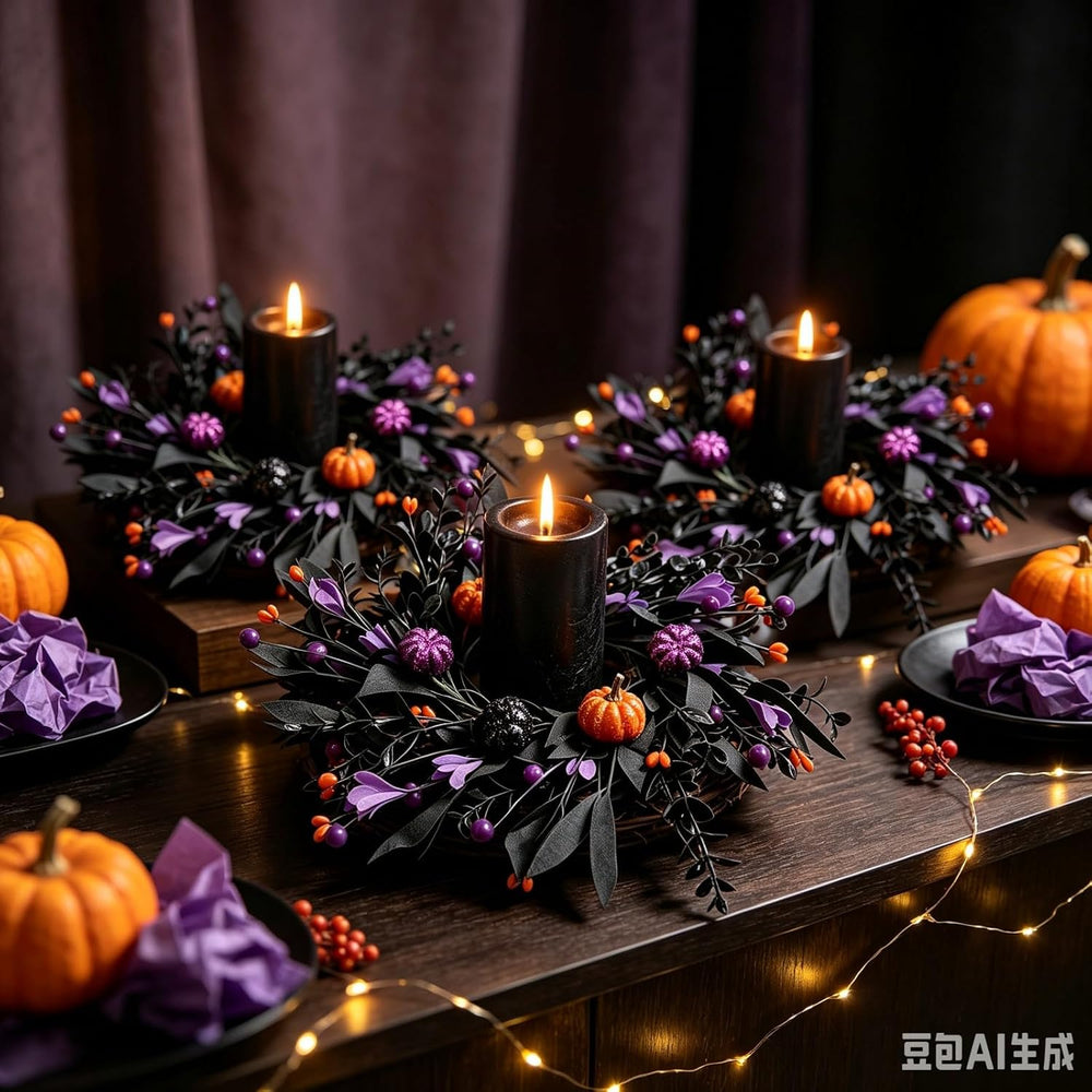 6 Pcs Halloween Mini Candle Ring Wreaths for Cabinets Small Pillar Candle Hol...