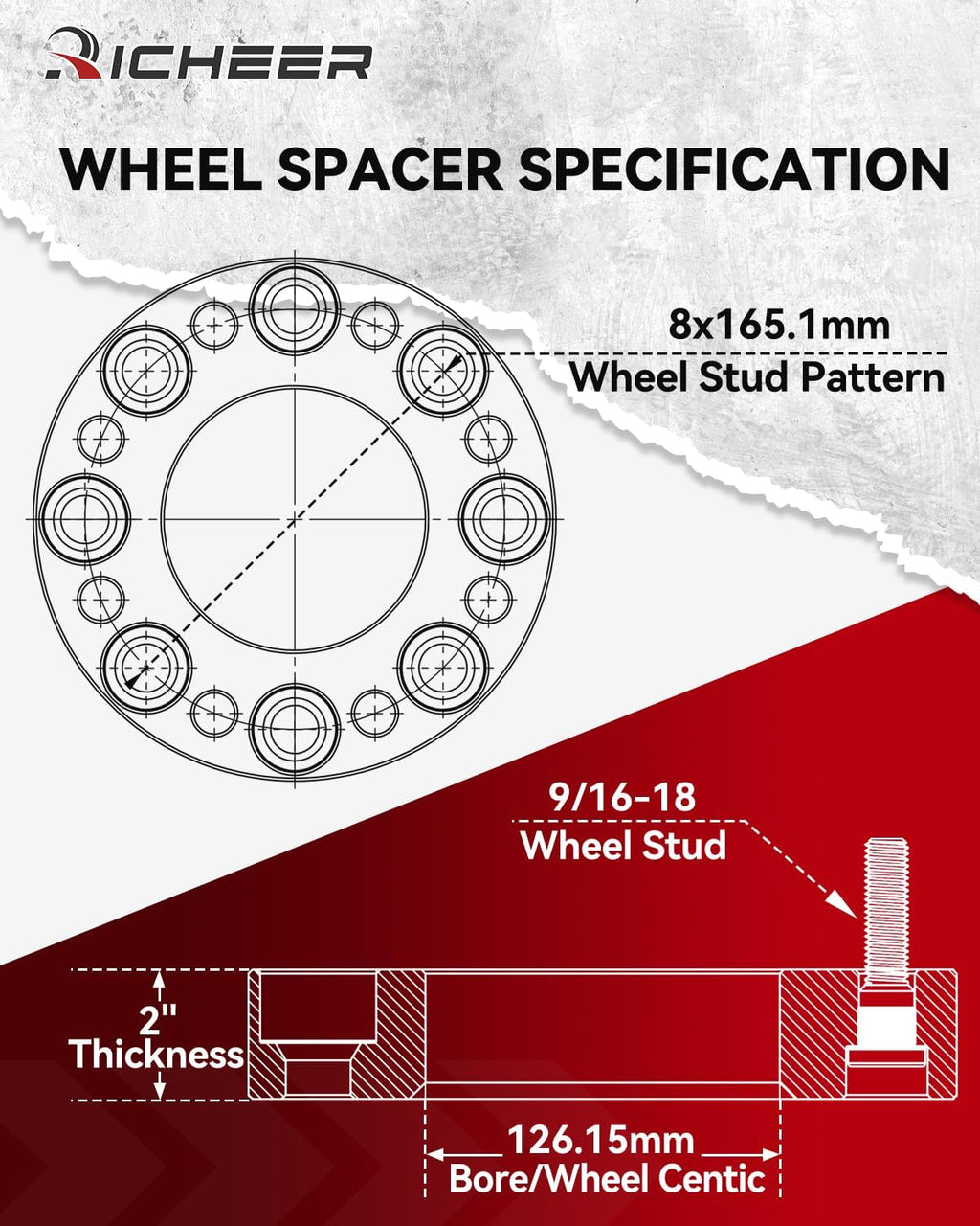 Richeer 2'' 8x6.5 Wheel Spacers for 1994-2011 Ram 2500 Ram 3500, 2 PCS 8x165.1mm Wheel Spacers with 9/16-18 Studs & 126.15mm Center Bore for F250 F350 E150 E250 E350 Econoline