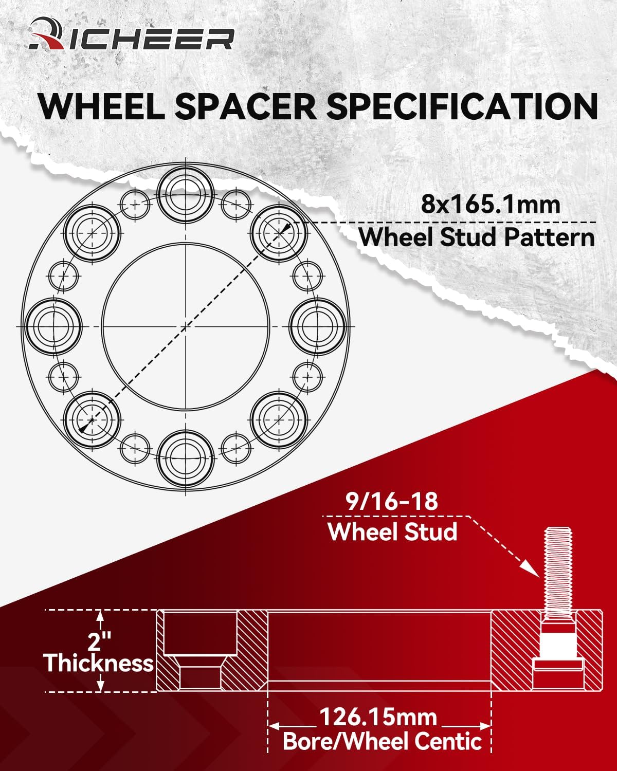 Richeer 2'' 8x6.5 Wheel Spacers for 1994-2011 Ram 2500 Ram 3500, 2 PCS 8x165.1mm Wheel Spacers with 9/16-18 Studs & 126.15mm Center Bore for F250 F350 E150 E250 E350 Econoline