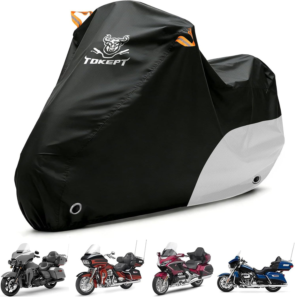 Motorcycle Cover Waterproof All Season Outdoor Protection, Fits up to 116 Inch, Compatible with Cruisers & Touring Models, with Locking Holes & Reflective Strips (Black&Silver)