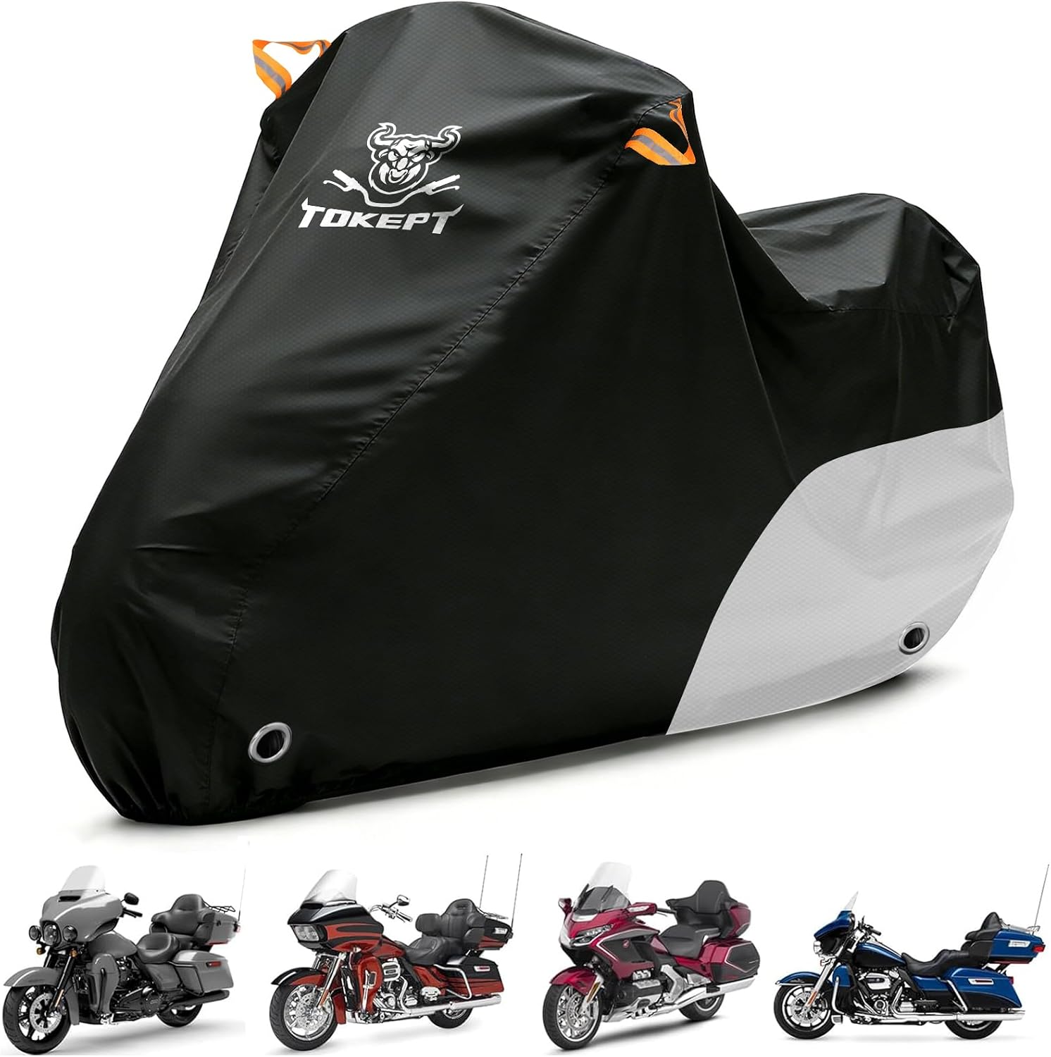Motorcycle Cover Waterproof All Season Outdoor Protection, Fits up to 116 Inch, Compatible with Cruisers & Touring Models, with Locking Holes & Reflective Strips (Black&Silver)