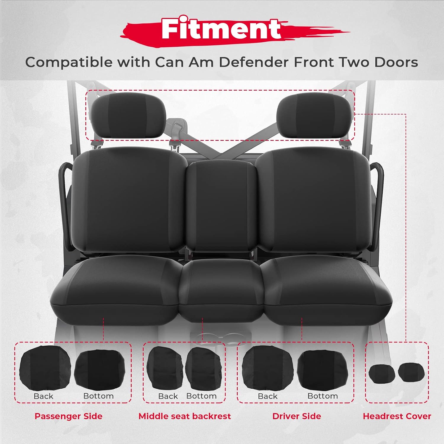 KEMIMOTO UTV Seat Covers Black Split Bench Compatible with Can Am Defender | Scratch-resistant 1680D oxford fabric, Waterproof,Easy to Clean, hook and loop,w/Headrest Cover Front Two Doors Split Bench