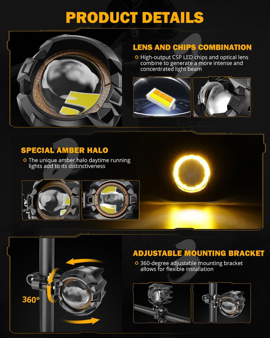 Auxbeam Motorcycle Auxiliary Lights Fog Lights LED Driving Light Spotlight with Halo DRL, White/Amber 8 Modes Dual-Color Strobe LED Offroad Work Lights for Motorcycle SUV ATV Trucks