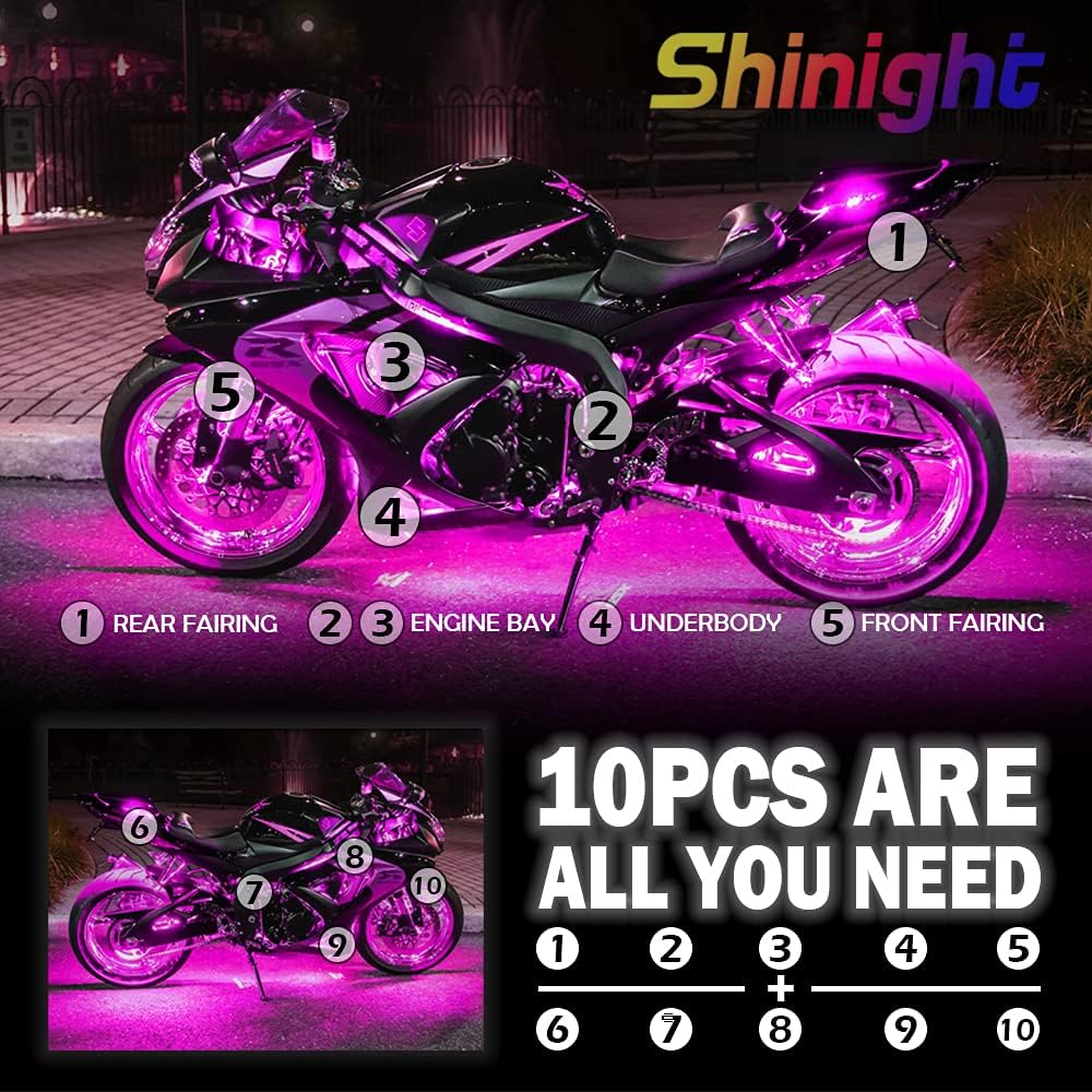 SHINIGHT 10 Pcs Motorcycle LED Light Kits, App Control Multicolor Waterproof Strip Lights with RF Remote, Music Sync & Multiple Scene Modes RGB for Motorcycles