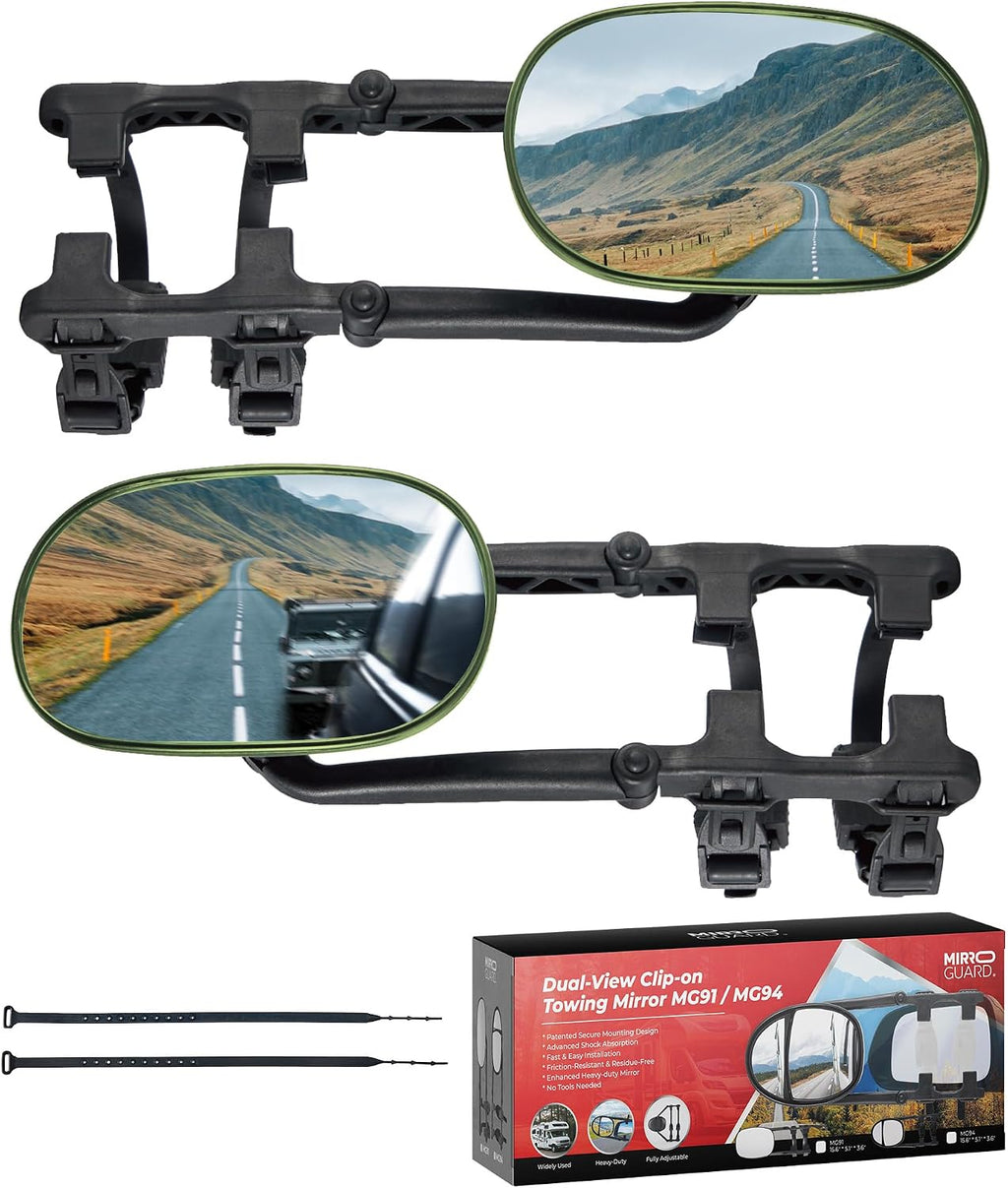 MG91 Dual-Arm Towing Mirrors for Trucks, SUVs, RVs & Trailers | Military Green finish with two securing straps and a rubber strap to help reduce vibration and keep mirrors steady.