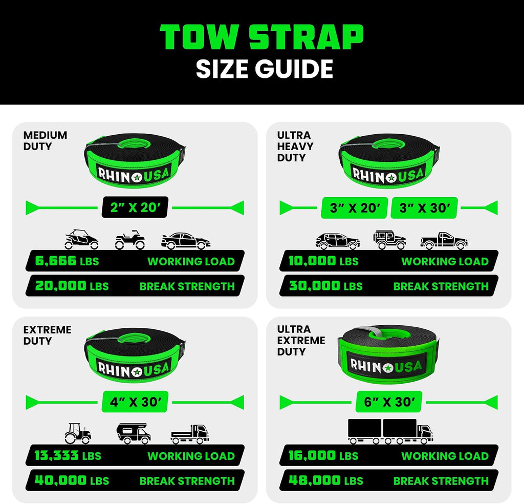 rhino usa offroad recovery tow strap (2in x showing dimensions
