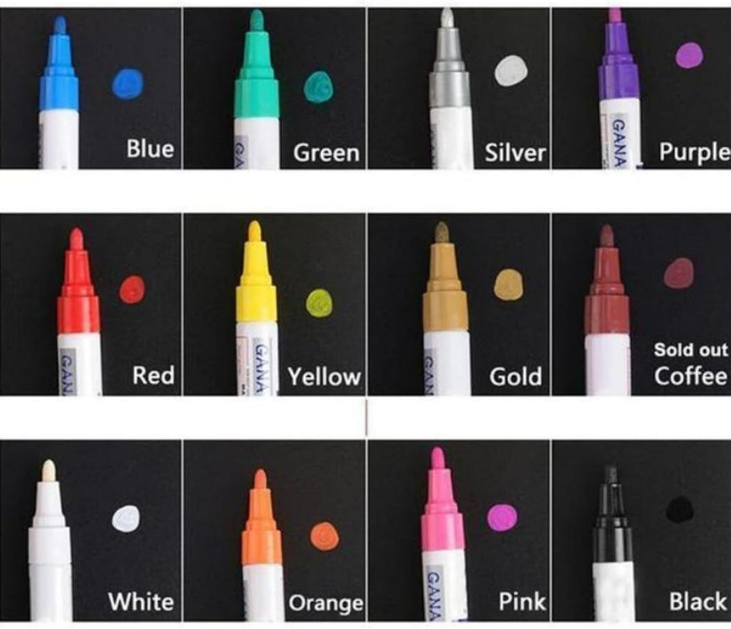 12 Pack Waterproof Tire Paint Pen, Oil Based Tire Marker for Tires Lettering, Multi-Surface Paint Markers for Metal, Wood, Plastic (12 Colors Mix)