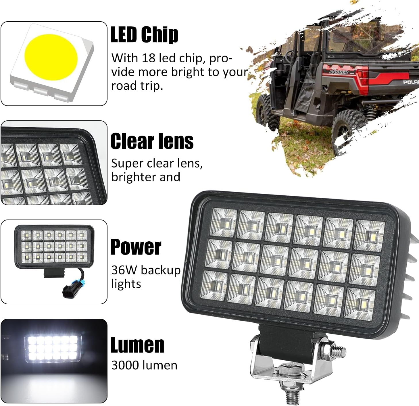 SUNPIE Reverse Lights for Polaris Ranger 1000 2018-2026, Bright LED Backup Lights Kit 36W Waterproof LED Kit for Ranger 1000 Crew, Back Up Light Assemblies Plug and Play