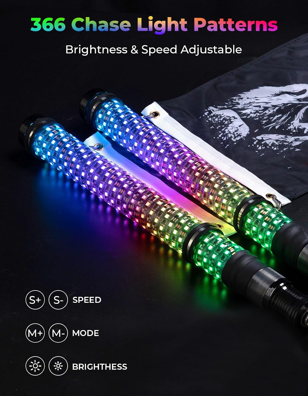KEMIMOTO 2pc 2ft Fat Whip Lights for Side by Side, Turning Signal Function Compatible with Polaris RZR Can-Am Maverick X3, LED Whip Lights for UTV ATV Buggy Boat Offroad