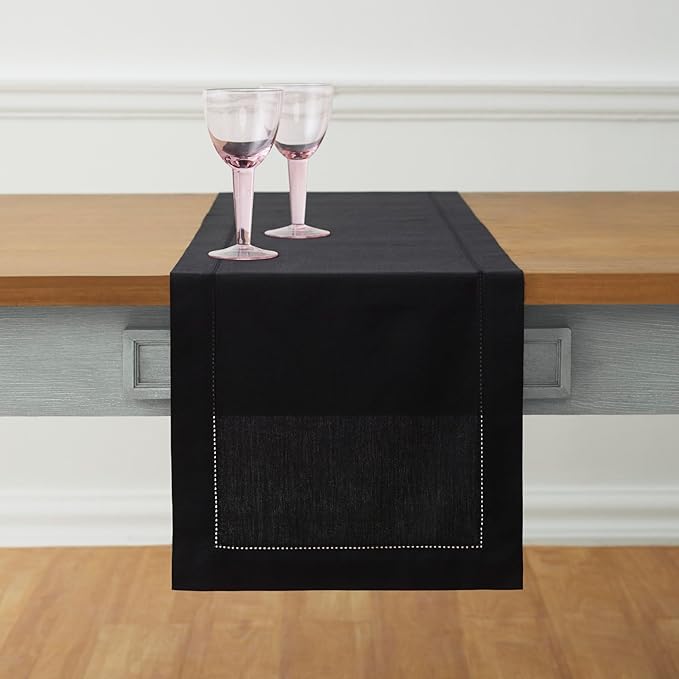 Solino Home Black Table Runner 108 Inches Long - Cotton Linen Hemstitch 14 x ...