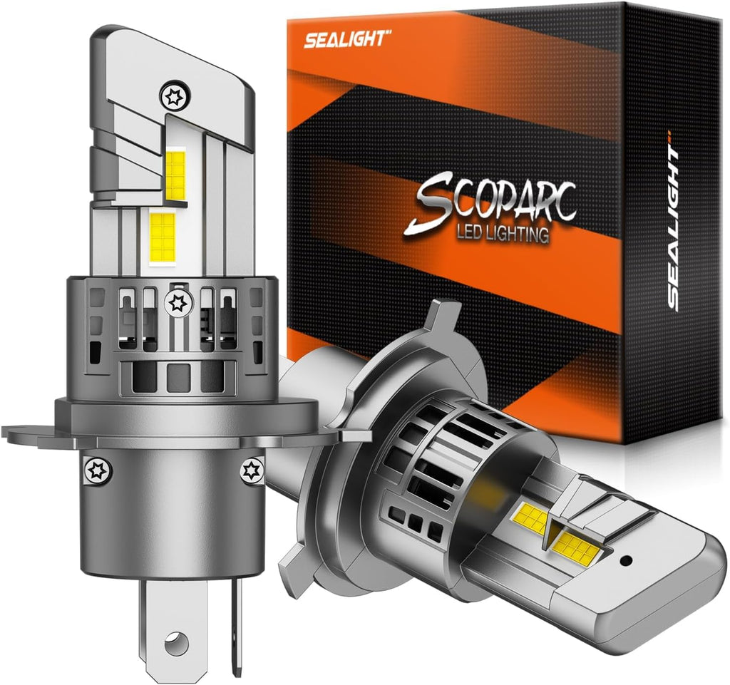 SEALIGHT H4/9003/HB2 LED Bulbs, 50000LM 900% Super Brighter, 1:1 Size, 6500K Cool White, 60000Hrs Long Service Life with Cooling Fan, Plug and Play, Pack of 2