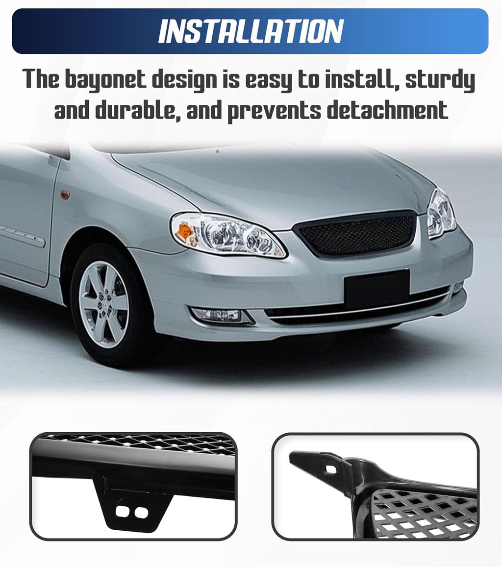 Front Grille Compatible with 2003-2008 Toyota Corolla CE LE S XRS Hood Mesh Grille ABS Plastic Glossy Black