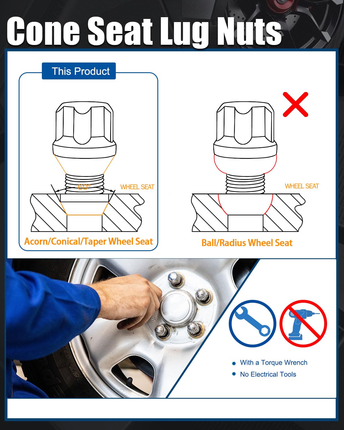 GAsupply 14X1.25 Lug Bolts 4 Locks + Key Fit for BMW Mini Aftermarket Wheels, 28mm Shank Length, Acorn Conical Seat Chrome Lock Lug Bolt Studs Dual 17mm & 19mm Hex Key