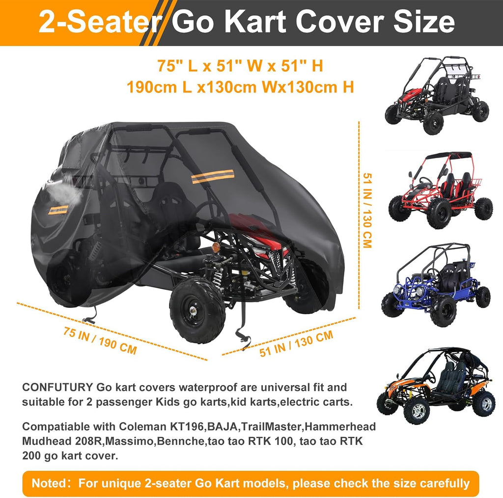 Large Go Kart Covers Waterproof,Heavy Duty 420D 2 Seater Go Kart Cover,Go Kart Accessories with Air Vent,4 Reflective Handles,2 Windproof Buckles,for Most 2-Seater Go-Kart Models