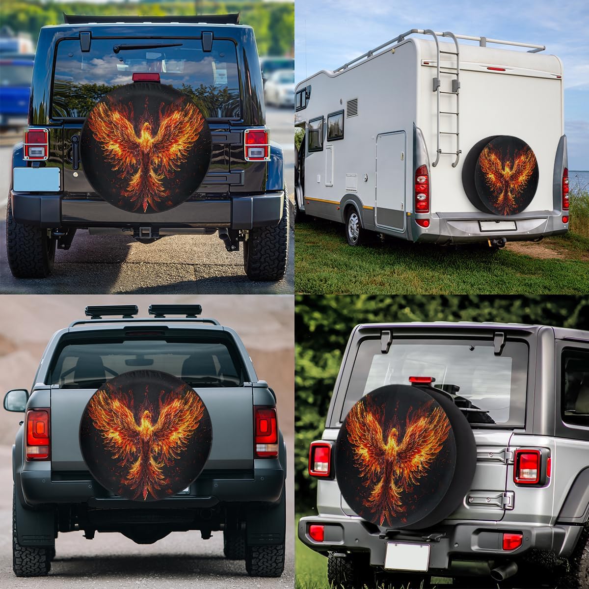 Phoenix Animal Fire RV Camping Spare Tire Covers Weatherproof Dustproof Tire Covers, for Travel Trailer Camper Jeep RV SUV Truck,Wheel Protectors Cover Fit 14 Inch