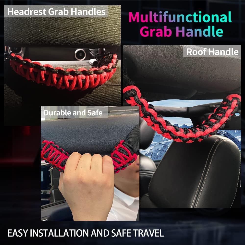 4 x Paracord Grab Handles Compatible with Wrangler JK JKU JL JLU JT Accessories Universal Roll Bar Grab Handles Replacement for Wrangler Grip Handle (Red)