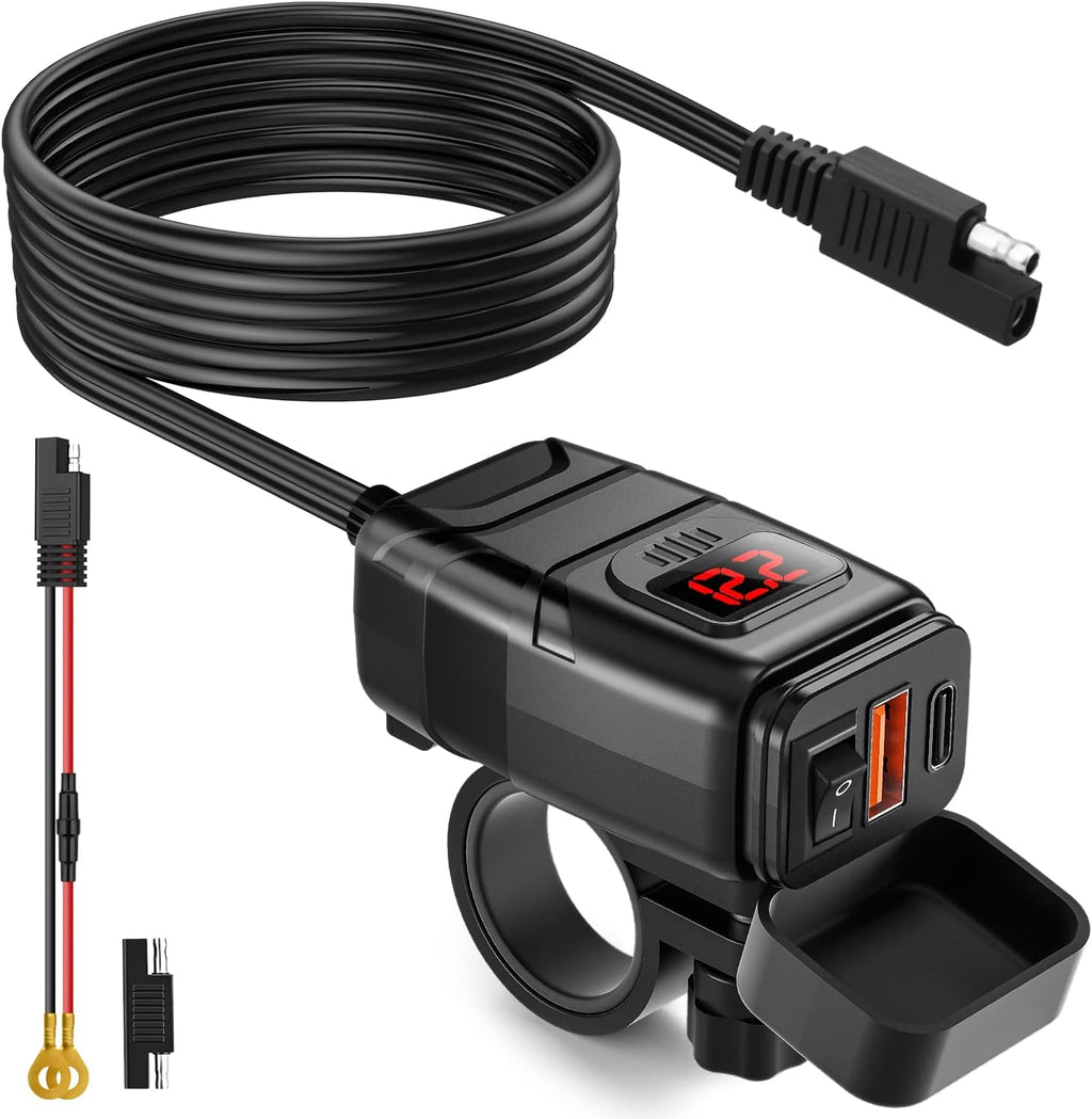 EXTRACTME Motorcycle Phone Charger, 6.4A Dual USB Type C PD & Quick Charge 3.0 Motorcycle USB Charger with Voltmeter & ON/Off Switch, Waterproof Motorcycle Accessories for Phone, Tablet, GPS, etc