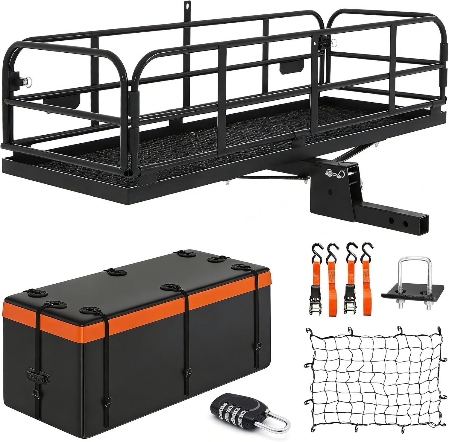 500 LBS Folding Hitch Cargo Carrier Basket 60" X 24" X 14.4"+ Waterproof Bag (59" 24" 24"), Heavy Duty Cargo Rack Rear Luggage Basket Fits 2" Receiver for Car SUV Camping Traveling