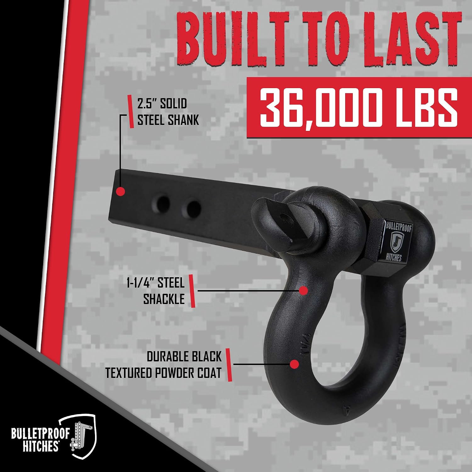 BulletProof Hitches - 2.5" Shackle Hitch Receiver with 36,000 lb. Rating and D-Ring/Clevis - Tow Hitch Shackle for 2.5" Receivers - Extreme Duty, Solid Steel, Black Powder Coat