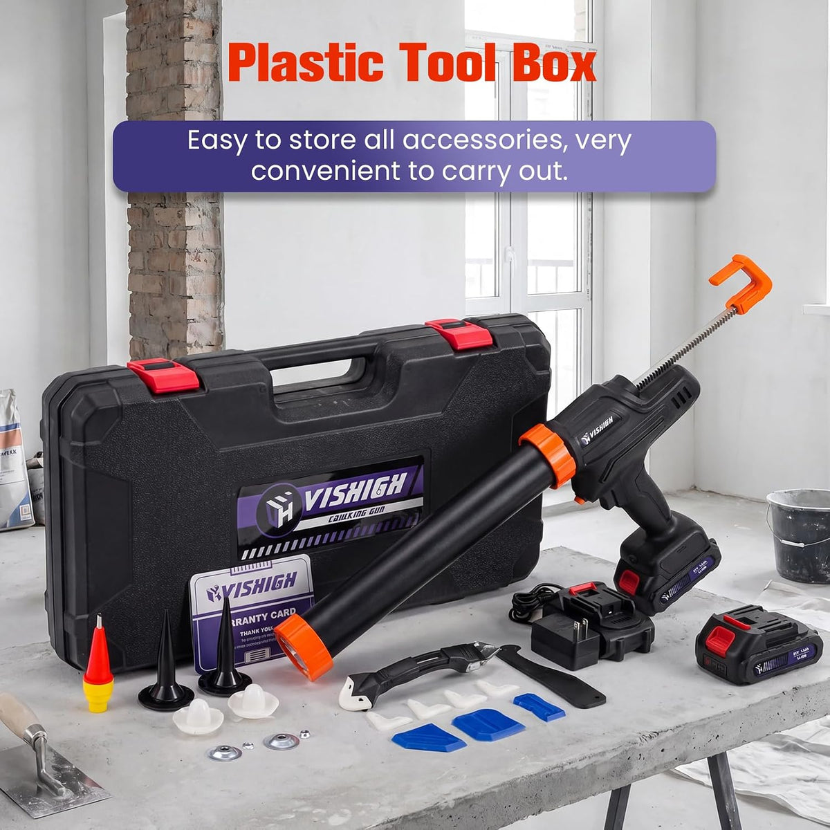 vishigh cordless caulking gun, 21v electric caulk and shown in use