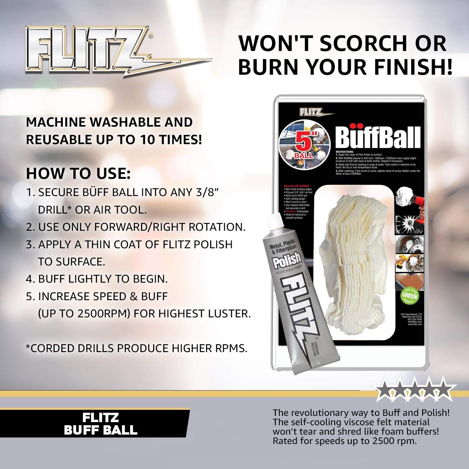 Flitz PB 101-50 Buff Ball Car Buffer Drill Attachment, 5 Inch