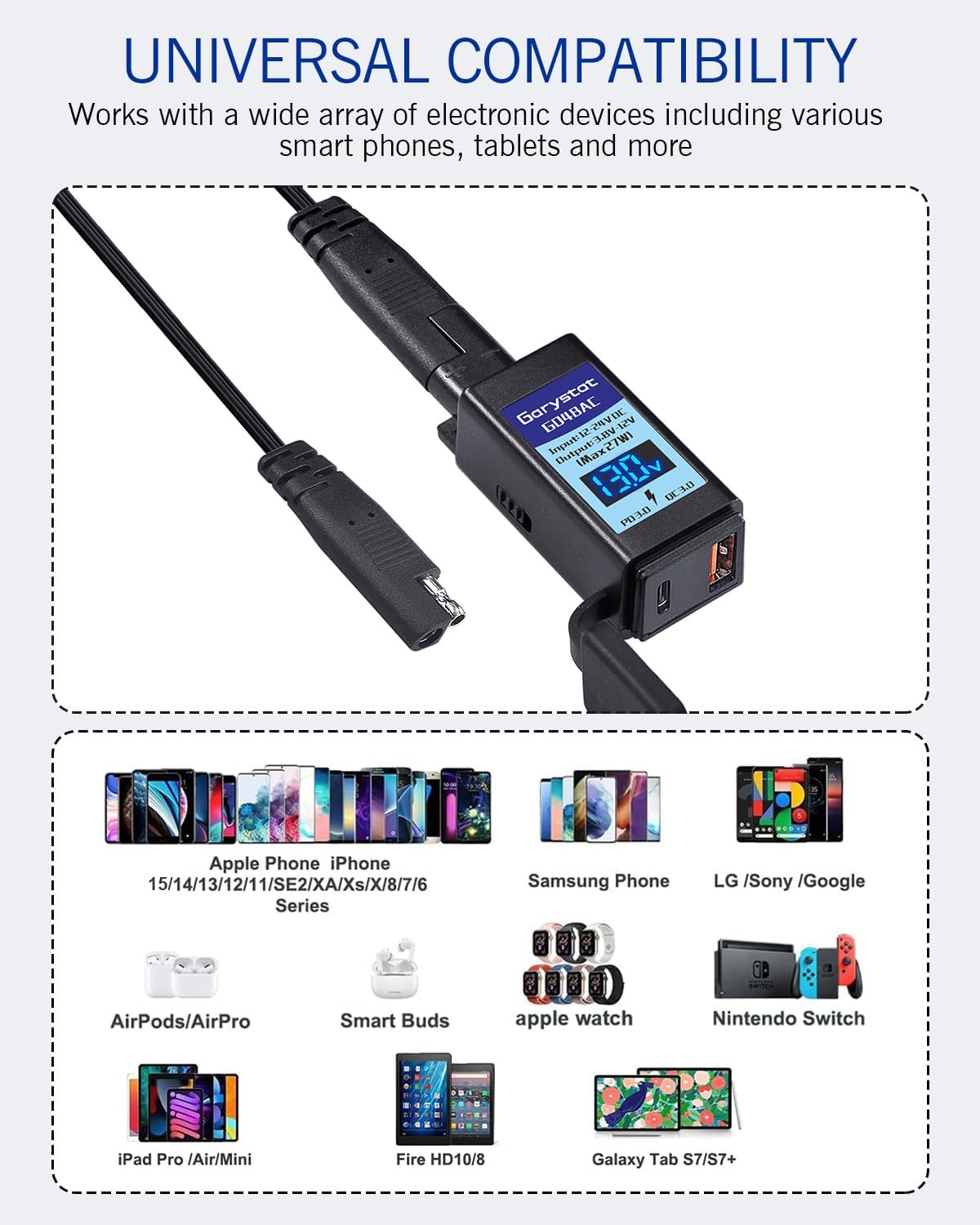 Garystat Motorcycle USB-C Charger, SAE to USB Adapter, 27W Dual Port USB Fast Charger with Voltmeter/Ammeter & ON/Off Switch, Perfect for Charging Phone, Tablet, GPS etc
