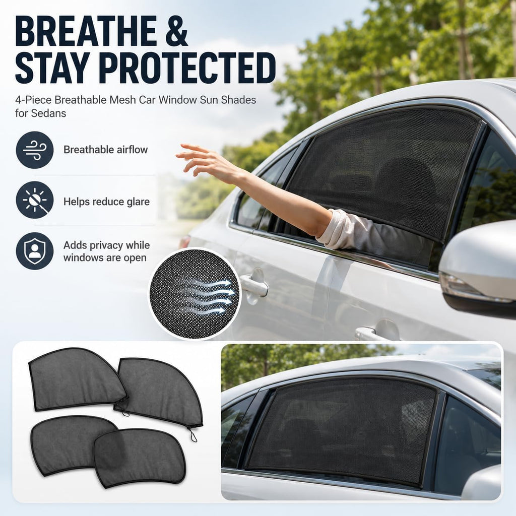 4pcs Car Window Sun Shade Cover, Breathable Mesh for All Side Windows, Mosquito Net Curtain Reduces Sun Rays Glare, Privacy Protection for Most Sedans