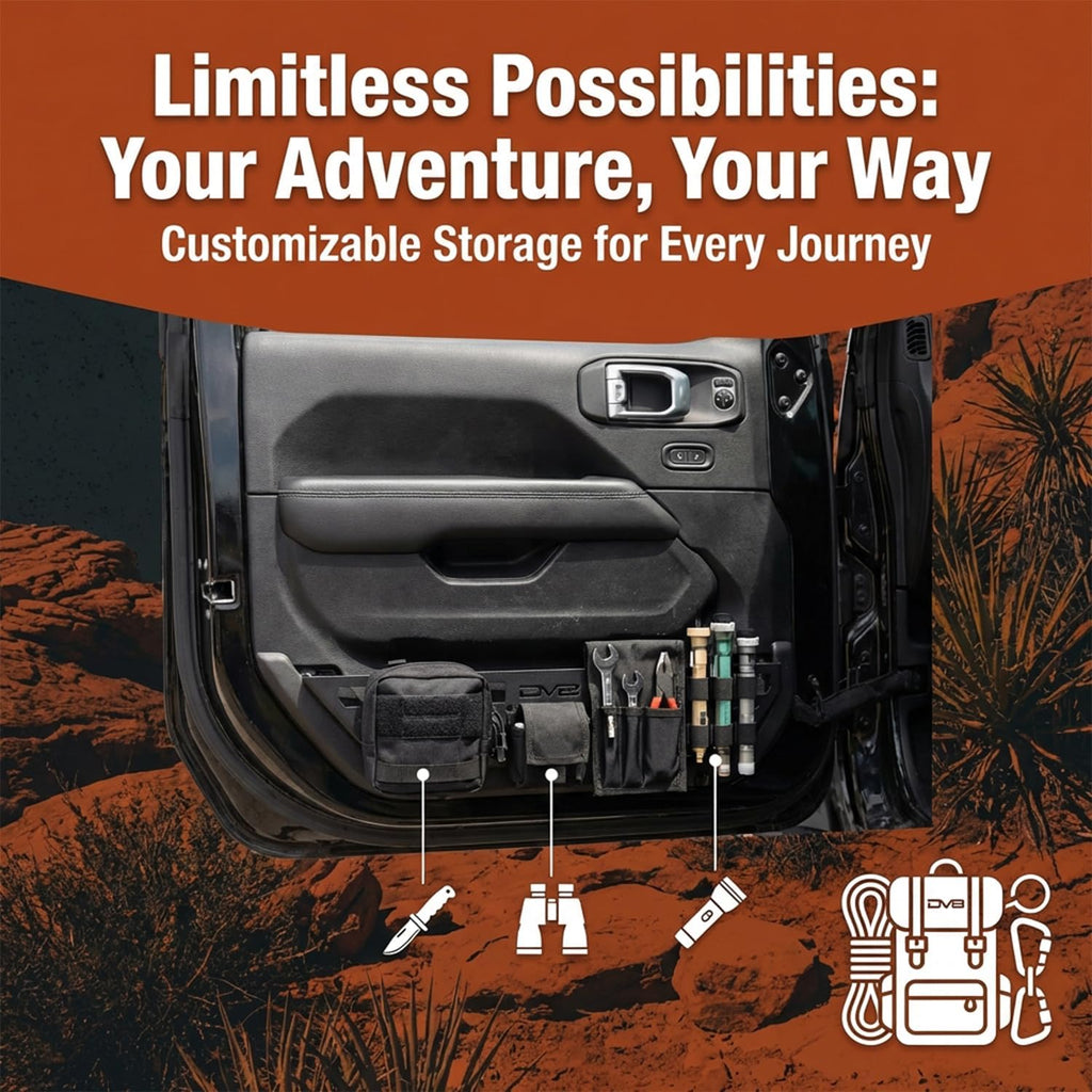 DV8 Offroad Slim Jeep Front Door Storage Pockets Compatible with 2018-2026 Jeep Wrangler JL & 2020-2026 Gladiator JT - Molle Jeep Door Pockets & Net Replacement, Slimmer Design for Improved Legroom