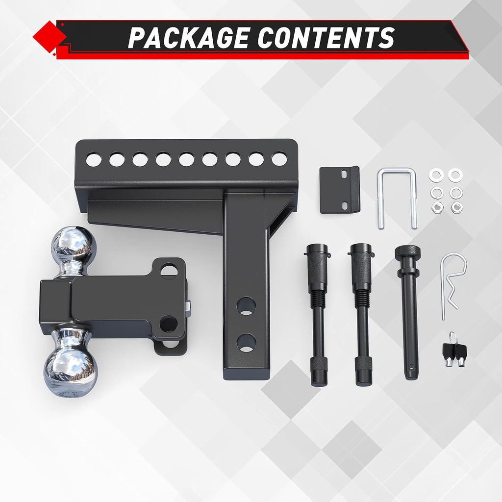 TYT Adjustable Truck Trailer Hitch for 2.5 inch Receiver, 6" Drop/Rise,2" & 2-5/16" Ball, Includes Two Pin Locks & Hitch Tightener