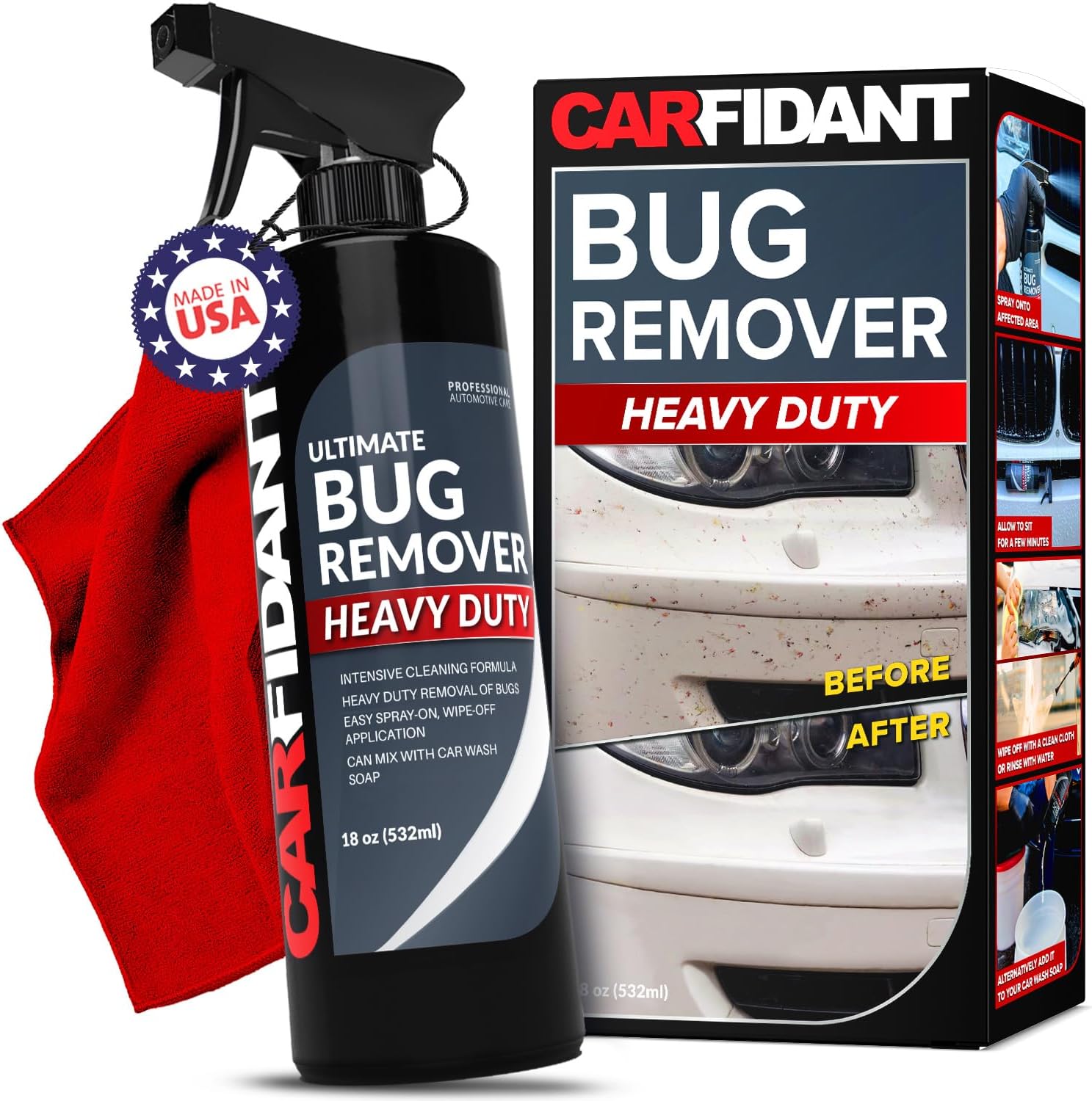 Carfidant Bug Remover Heavy Duty Spray - Cars Exterior Cleaner - Easily and Powerful Clean Bug Splatter, Bird Poop From Paint, Plastic, Rubber, Metal, Chrome, Glass - 18 fl. oz.