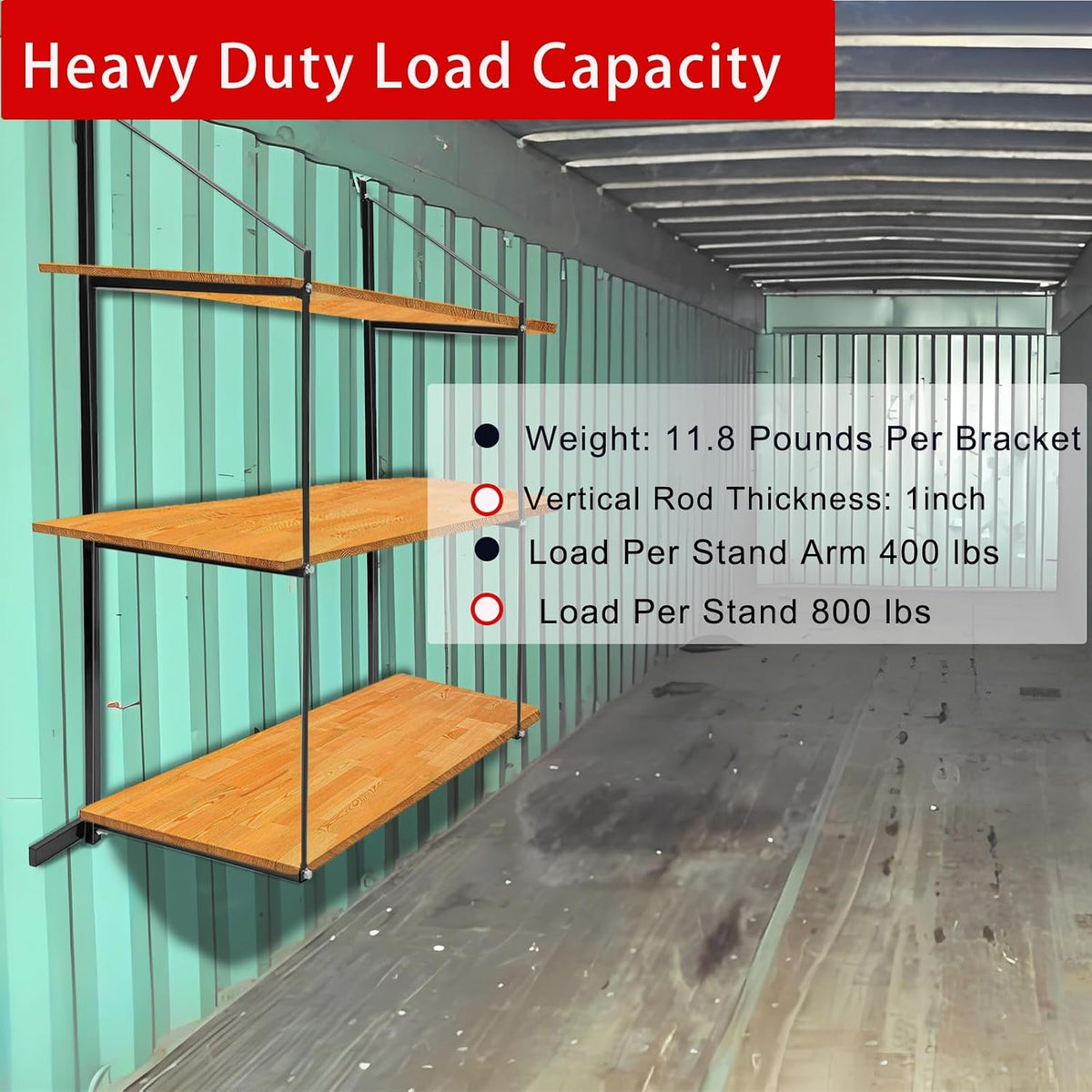 heavy-duty shipping container shelves with 57"(h) x 18"(w) shown in use